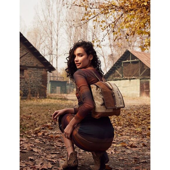 Myra Bag Handmade Tahini Backpack Upcycled Canvas & Cowhide Leather - Picture 8 of 9